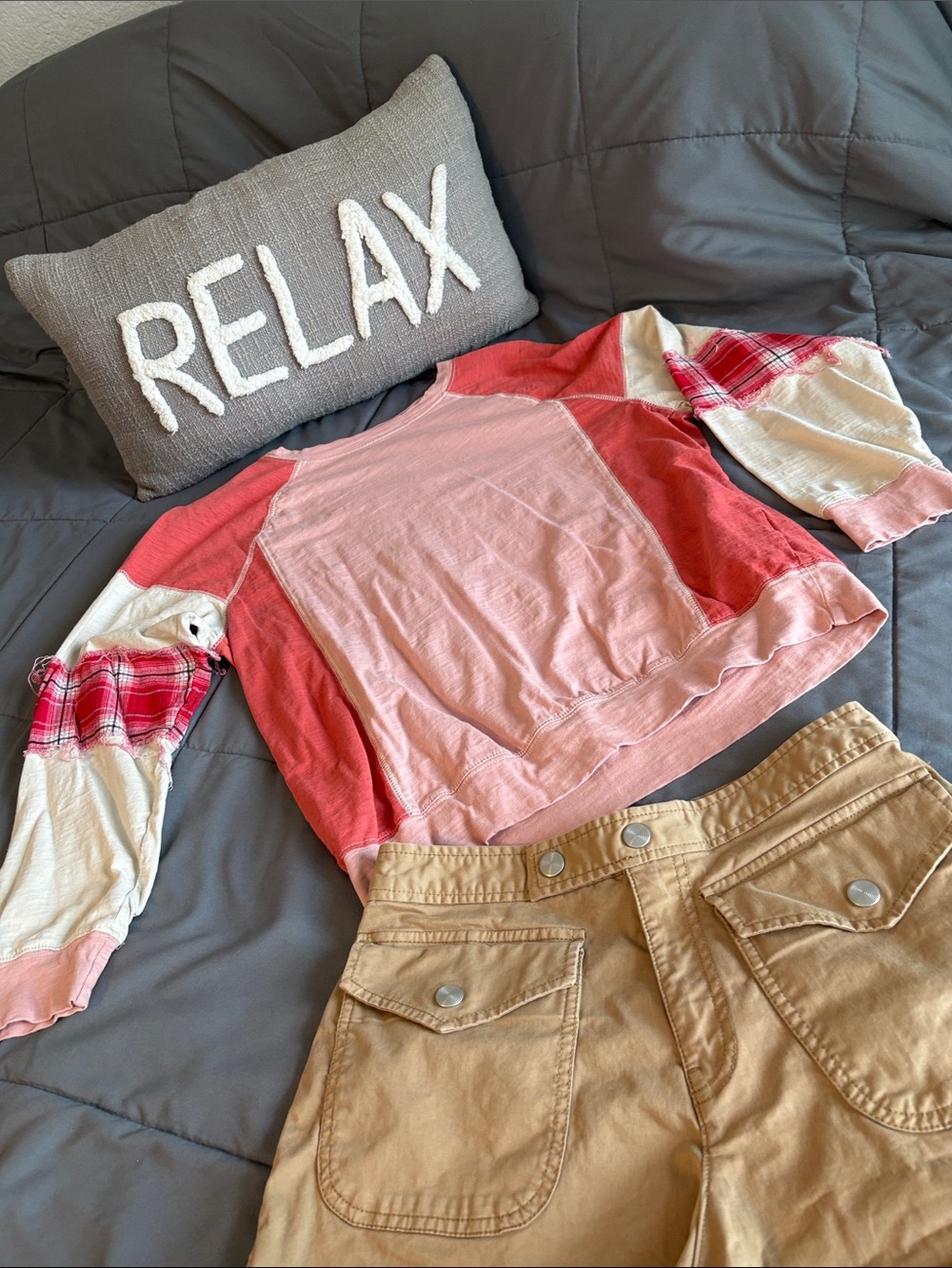 Women's Boho Pink Patchwork Pullover Top Long Sleeve Plaid Flannel Tee T Shirt S